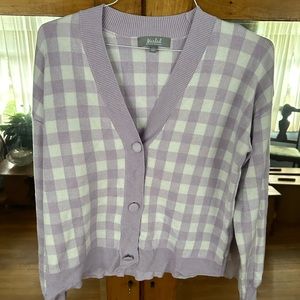 Marled lavender and white gingham cardigan. Long sleeves. Size medium.